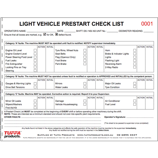 Light Vehicle Pre Start Checklist Books DB01