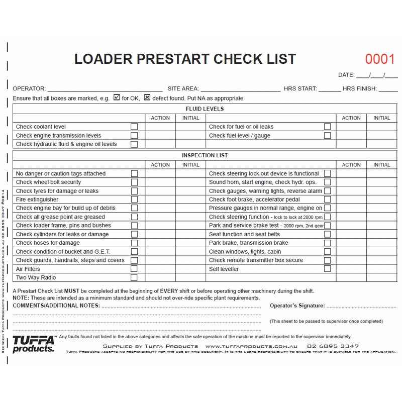 Loader Prestart Checklist Books