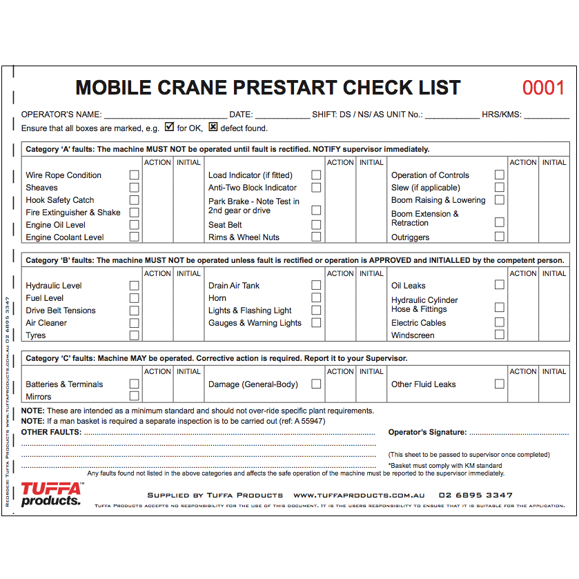 Mobile Crane Prestart Checklist Book