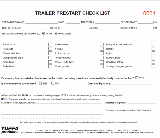 Trailer Prestart Checklist Books DB33