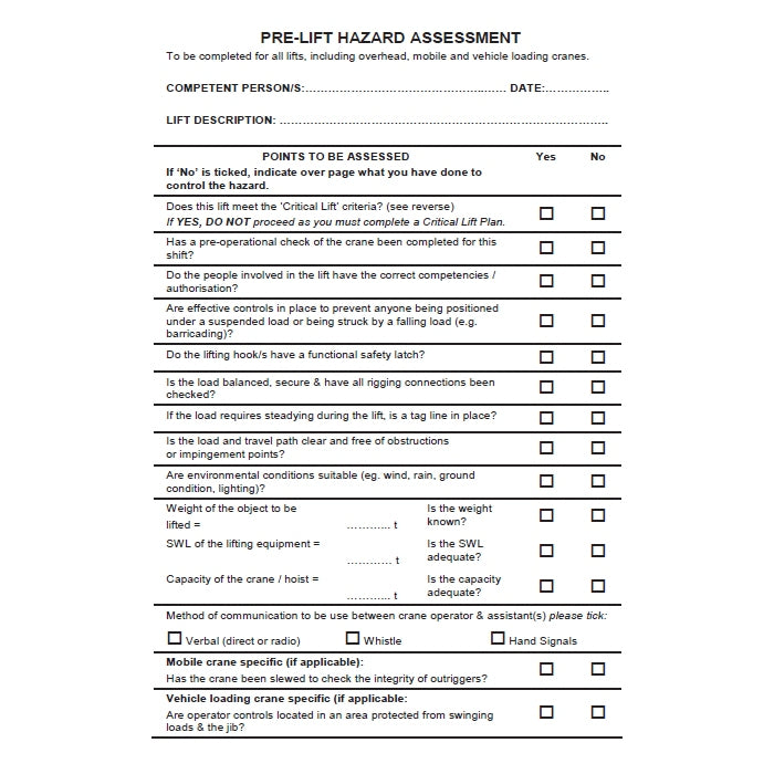 Pre Lift Hazard Assessment Book Code DB61